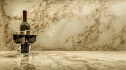 countertop. Elegant wine bottle and crystal-clear glasses on marble countertop with golden lighting. bar promotions, beverage menus, designed for food & beverage menus and cafe branding.