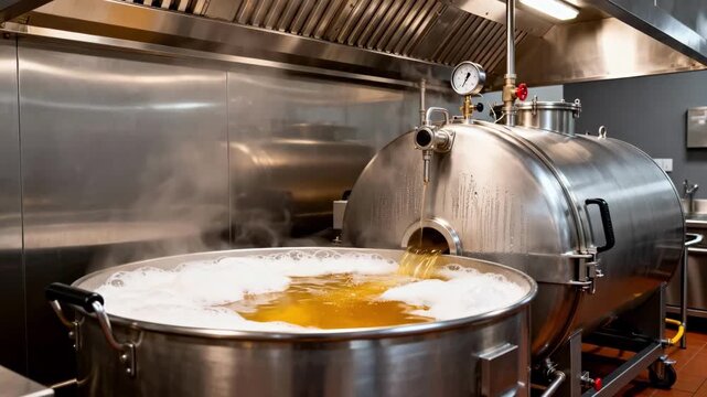 Horizontal steamjacketed kettle in a commercial kitchen softly bubbling as it renders fat into pure tallow emphasizing efficient heat distribution and safety features.