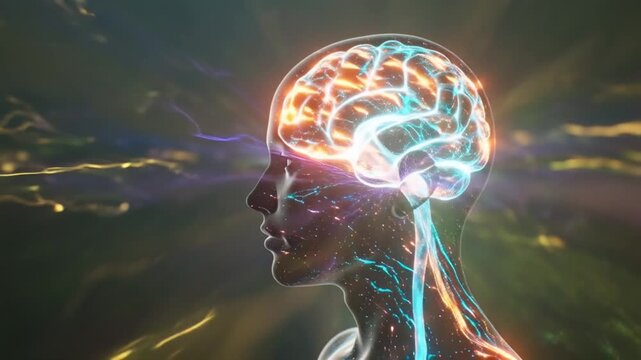 Surreal humanoid silhouette abstract neural pathways glowing flowing fractal patterns, neon pastel colors thoughts, ideas sensory processing, dynamic particles light trails, ethereal volumetric light