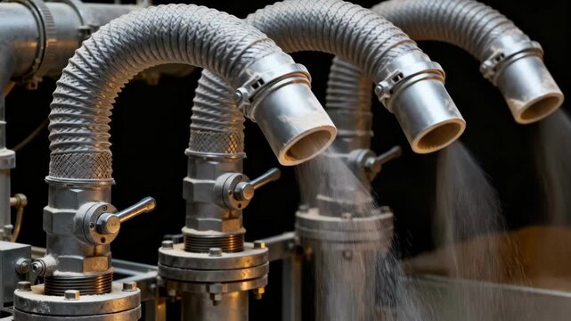 Closeup medium shot of curved pneumatic pipes with valves controlling the air pressure in the flour conveying system highlighting mechanical details and movement.