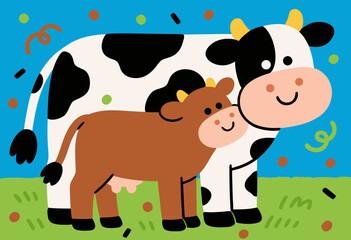 Naklejka premium playful cartoon cow and calf in a colorful field with abstract confetti elements