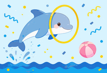 playful cartoon dolphin jumping through hoop with beach ball on a sunny day