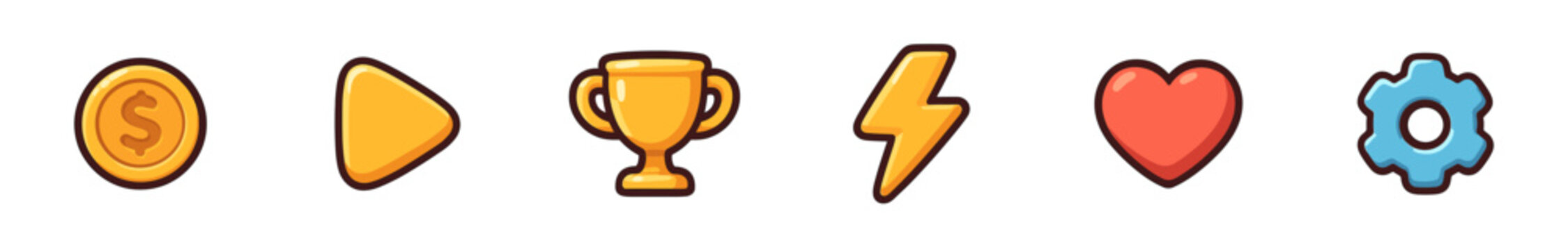 Video game icons set featuring a golden coin, play button, trophy, lightning bolt, heart, and gear symbols for various digital applications.