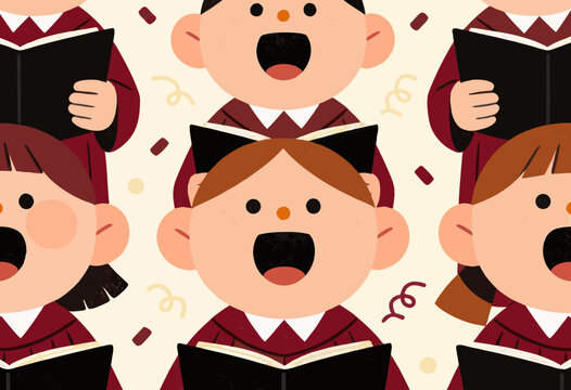 illustrated children singing in choir during holiday concert in vibrant attire