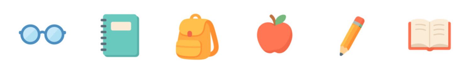 Various colorful school supplies and educational items are neatly arranged in a row, representing learning and back to school concepts.