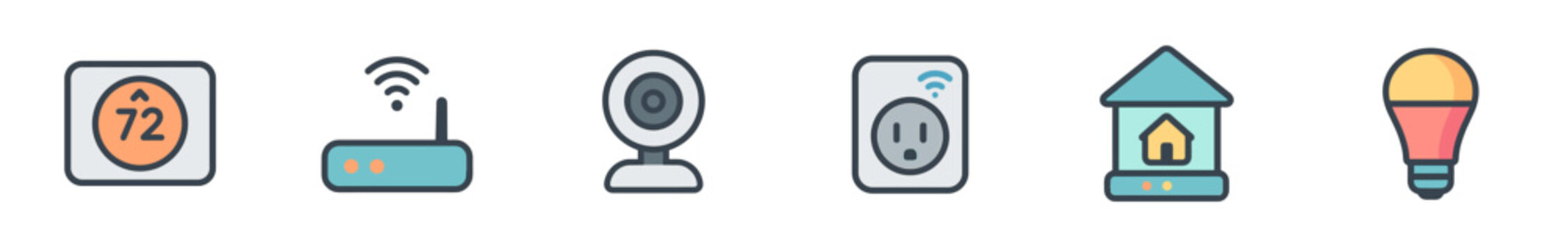 Smart home devices icons set representing modern internet of things technology, automation, and connectivity for residential living and connected environments.