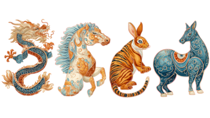 Oriental zodiac animals, year of the horse, lunar new year, red envelope, spring festival, decorative, isolated on transparent background