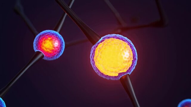 3D animation ATP molecule microscopic level, molecular structure, glowing energy core, breaking phosphate bond, small electric sparks emitted, vibrant energy pulses spreading nearby molecules, science