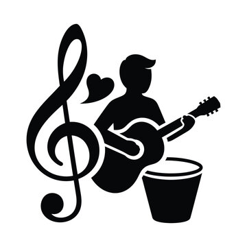 Black silhouette of a man playing guitar next to a treble clef and bucket music