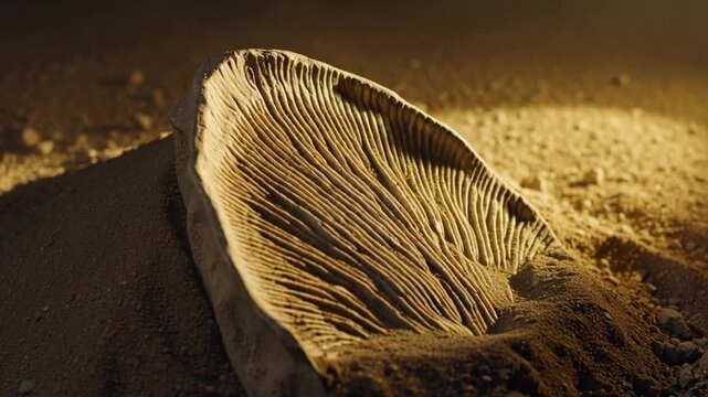 Cinematic 4K close-up video trilobite fossil being meticulously examined archaeological dig, extreme macro detail fossil ridges texture golden sunlight fine cracks, gentle brushing away dirt sediment