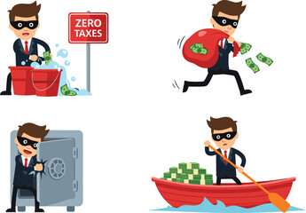 Cartoon businessman stealing money, tax evasion concept, financial crime illustration, fraud, corruption, illegal wealth, offshore money, white background