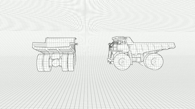 A 3D wireframe animation showcasing a heavy-duty mining dump truck set against a technical grid backdrop.