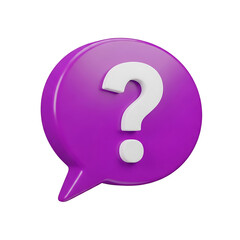 A 3D icon of a purple speech bubble with a white question mark isolated on a white background