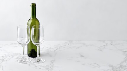 countertop. Elegant wine bottle and crystal-clear glasses on marble countertop with golden lighting. bar promotions, beverage menus, designed for food & beverage menus and cafe branding.