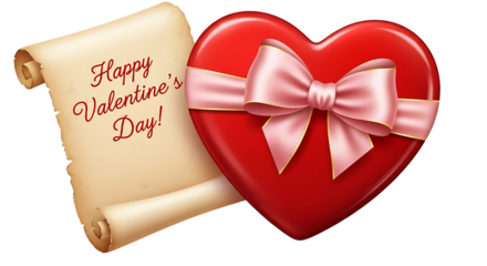 A red heart with a pink bow and a Happy Valentine's Day scroll