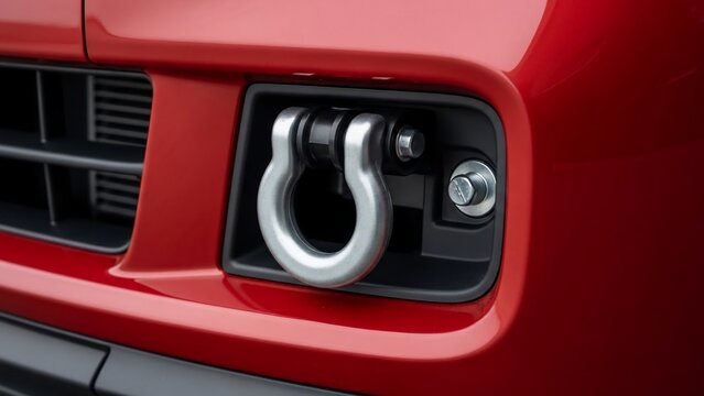 Close-up of red car with tow hook.