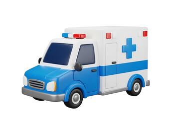 A 3D icon of an ambulance isolated on a white background with red and blue lights