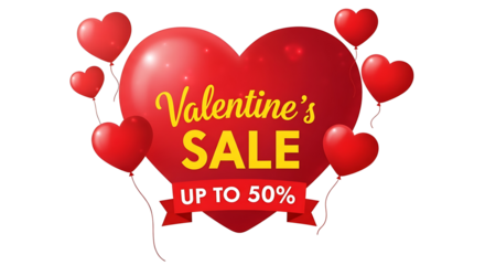 A Valentine's Day sale advertisement with red heart balloons and a discount offer