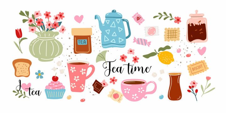 Tia time, set of cute drawn design elements, decoration, love tea , tea party, spring flowers, food and drink creative vector illustration