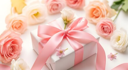 Beautiful mother's day gift box with pink roses and ribbon