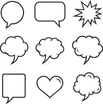 Set of Simple Line Art Speech Bubbles and Thought Clouds &ndash; Black and White Vector Icons