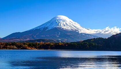 Mount Fujis majestic peak reflected in serene lake waters.