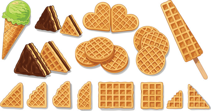 Waffle dessert vector set with ice cream sandwiches cones and crispy breakfast treats isolated