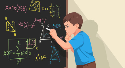 Obraz premium Young boy solving complex math equations on a blackboard.