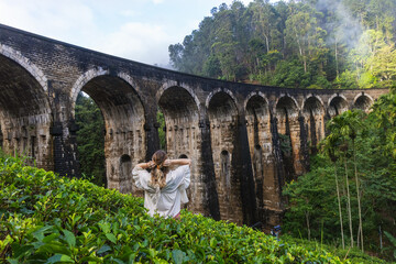 Obraz premium Woman in Tea Plantation Below the Nine Arches Railway Bridge, Ella, Sri Lanka