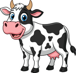 Cow cartoon character, editable vector clipart, black and white farm animal, pink snout, blue eyes, cheerful, dairy mascot