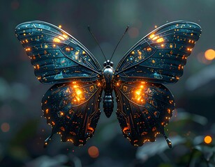 A glowing butterfly with dark wings and orange spots
