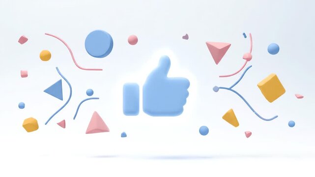 A colorful graphic illustration featuring a blue thumbs-up icon surrounded by various shapes and lines on a white background with a playful and modern feel.