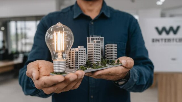 Hands Holding Illuminated Light Bulb and Miniature City Model