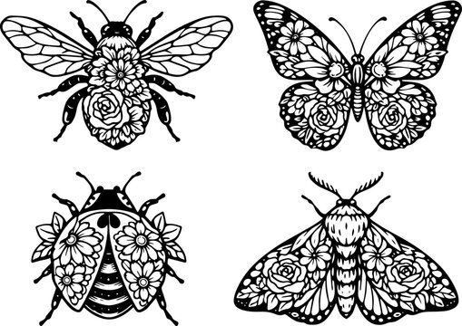 Insect Line Art Set for Cricut Cutting, Butterfly Bee and Moth Black and White Vector Cut File for Crafts and Decor