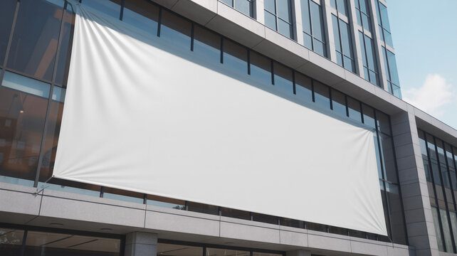 Large white banner stretched across the facade of a modern glass building, ideal for outdoor branding and event promotions.