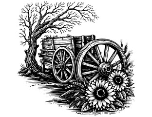 Fototapeta premium Old Wooden Cart With Sunflowers and Tree, Black and White Engraving Style Rural Illustration for Prints and Rustic Decor