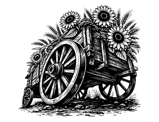 Fototapeta premium Vintage Wooden Cart With Sunflowers and Birds, Black and White Engraving Style Rural Illustration for Prints, Decor and Engraving