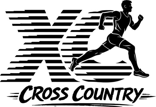 Cross Country Running Logo With Athlete Silhouette and Speed Lines, Black and White Track and Field Emblem for Teams and Apparel