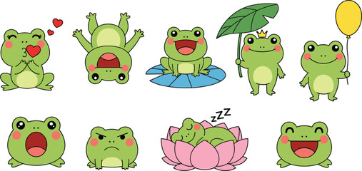 Obraz premium Cute cartoon frog character vector set with funny poses emotions and playful actions isolated