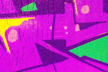 Naklejka premium Abstract geometric graffiti with neon purple, green, yellow shapes and lines. Influenced by 90s, Y2K style, fluorescent colors, bold contrasts. Urban decor, street art visuals, creative banners.