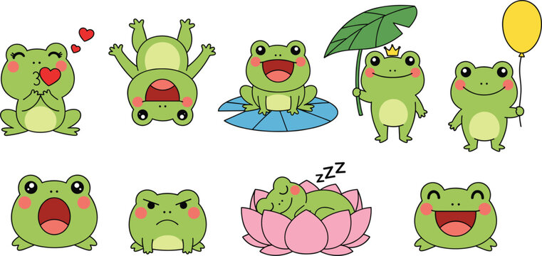 Cute cartoon frog character vector set with funny poses emotions and playful actions isolated