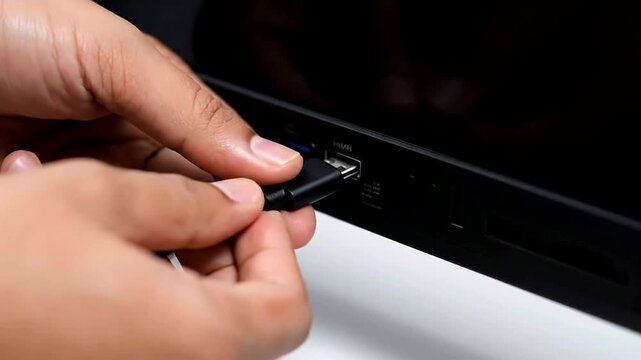 Black Connector Plugged in HDMI Port or Black Hands Connects USB Type-C Cable to Device