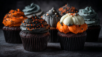 Assortment of dark chocolate Halloween cupcakes with colorful frosting and sprinkles, ideal for a festive party or trick-or-treating.