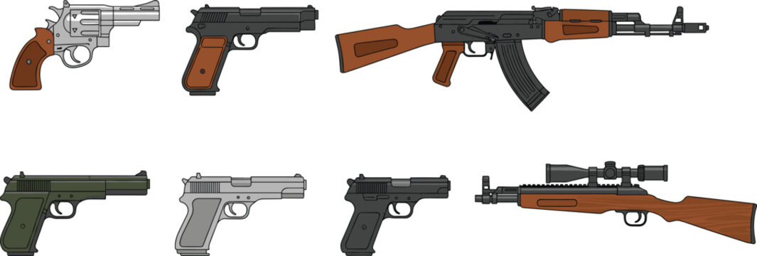 Firearms weapon vector set with pistols revolvers rifles and assault guns illustrated isolated