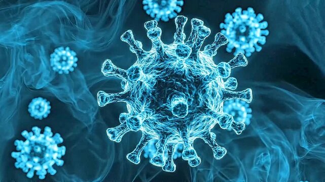 Microscopic Virus Particles Floating in Blue Cellular Environment. A high-quality 3D illustration of microscopic virus particles suspended in a blue cellular environment with flowing organic textures.