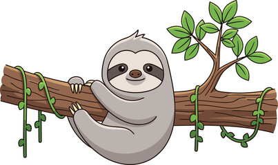Fototapeta premium Sloth cartoon character, editable vector clipart, hanging pose, tree branch, green vines, relaxed mascot, cheerful, jungle, child-friendly