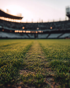 Close-up view of football stadium grass field with blurred stands in daylight