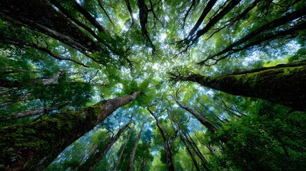 Fototapeta premium Towering green forest trees are viewed from below with a sunburst breaking through the canopy and vibrant green leaves everywhere.