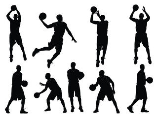Collection of basketball players in various poses with ball