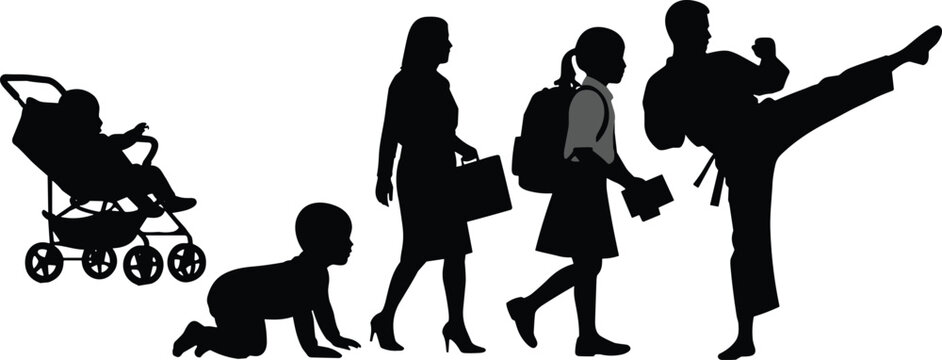 Silhouette of family of four holding hands on white background, minimalist vector representing unity, togetherness, parenting, and family lifestyle concepts